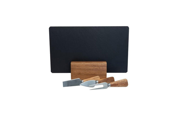 4Pc Euroline Slate Wood 30Cm Cheese Board W/ Plane Knife Fork Brown Cutting Boards