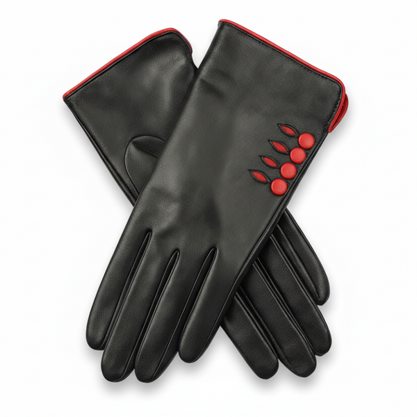 Dents Womens Leather Gloves W/ Button Detail Piped Cuff & Silk Feel Lining Black/Berry Large Gloves & Mittens