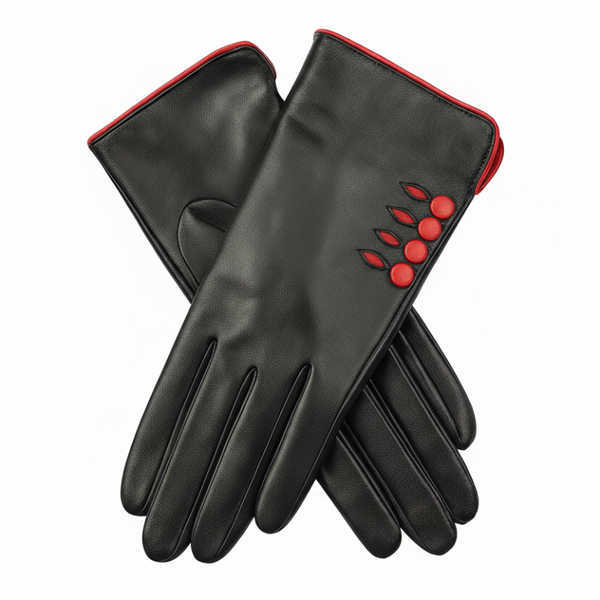 Dents Womens Leather Gloves W/ Button Detail Piped Cuff & Silk Feel Lining Black/Berry Medium Gloves & Mittens