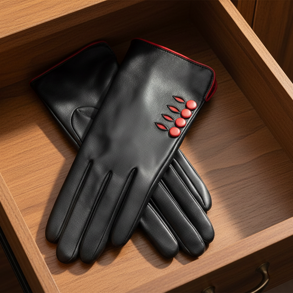 Dents Womens Leather Gloves W/ Button Detail Piped Cuff & Silk Feel Lining Black/Berry Medium Gloves & Mittens