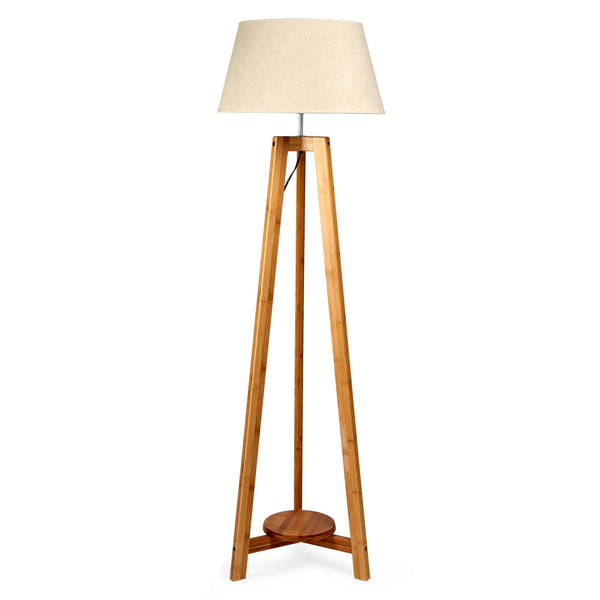 Br Home 155Cm Large Bamboo Wooden Tripod Floor Lamp Beige Linen Light Shade Floor Lamps