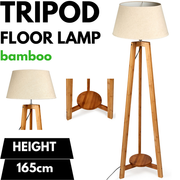 Br Home 155Cm Large Bamboo Wooden Tripod Floor Lamp Beige Linen Light Shade Floor Lamps