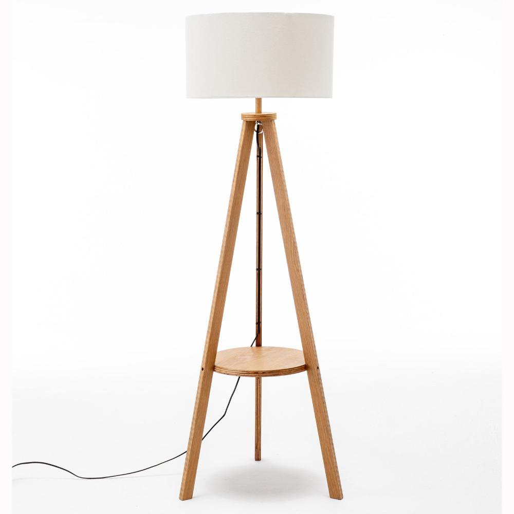 Natural Tripod Floor Lamp W/ Round Shelf + Off White Linen Shade Floor Lamps