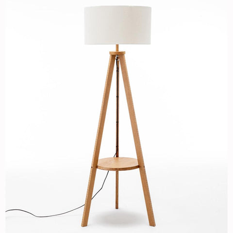 Natural Tripod Floor Lamp W/ Round Shelf + Off White Linen Shade Floor Lamps