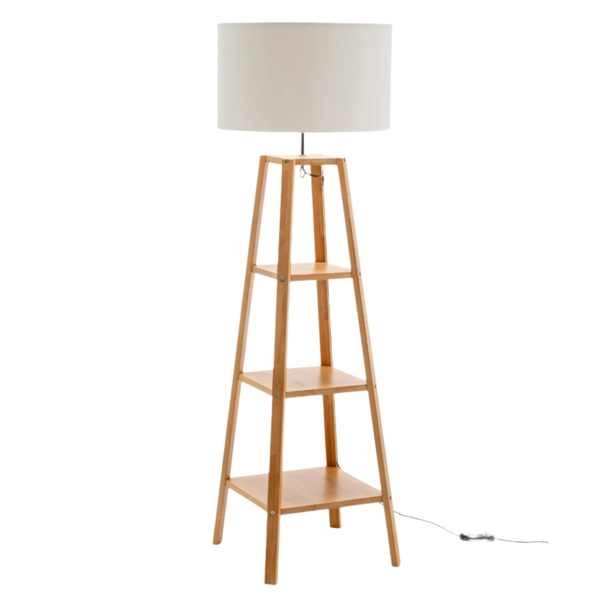 Br Home Eiffel 3 Tier Natural Wood Floor Lamp W/ Storage Shelves + Off White Linen Shade Floor Lamps
