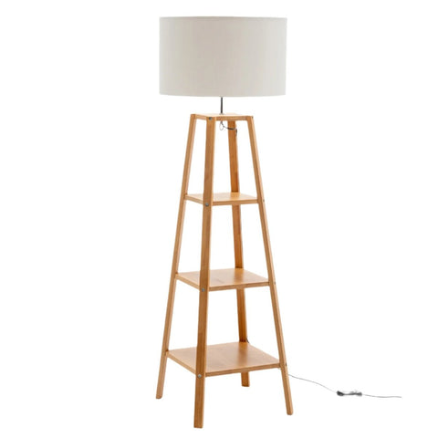 Br Home Eiffel 3 Tier Natural Wood Floor Lamp W/ Storage Shelves + Off White Linen Shade Floor Lamps