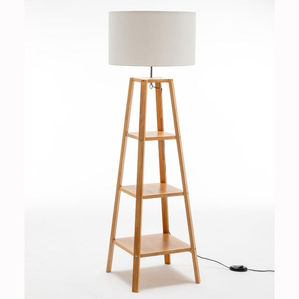 Br Home Eiffel 3 Tier Natural Wood Floor Lamp W/ Storage Shelves + Off White Linen Shade Floor Lamps