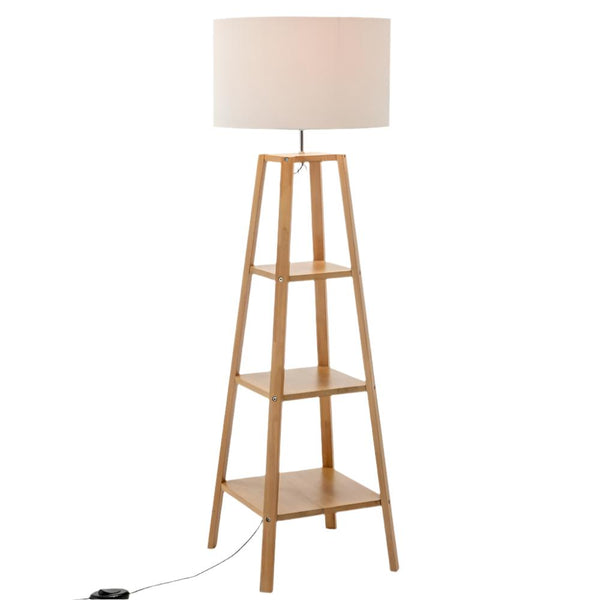 Br Home Eiffel 3 Tier Natural Wood Floor Lamp W/ Storage Shelves + Off White Linen Shade Floor Lamps