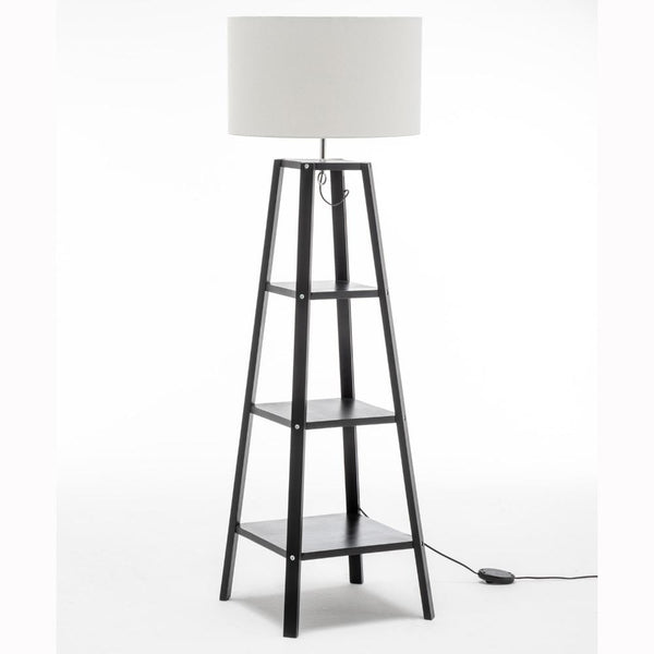 Eiffel 3 Tier Natural Wood Floor Lamp W/ Storage Shelves + Off White Linen Shade Floor Lamps