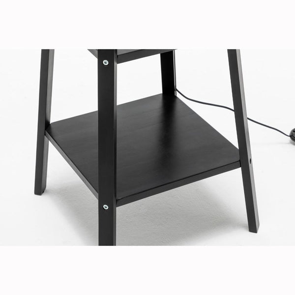 Eiffel 3 Tier Natural Wood Floor Lamp W/ Storage Shelves + Off White Linen Shade Floor Lamps