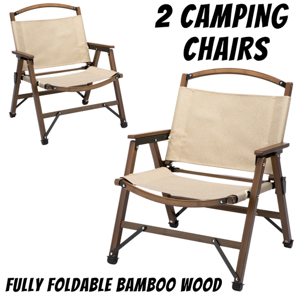 2X Bamboo Foldable Outdoor Camping Chair Wooden Travel Picnic Park Folding Khaki/Beige Camping Chairs