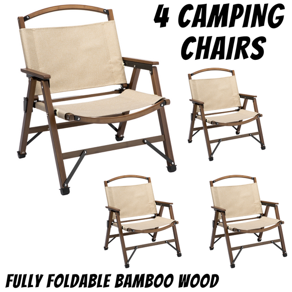4X Bamboo Foldable Outdoor Camping Chair Wooden Travel Picnic Park Folding Khaki/Beige Camping Chairs