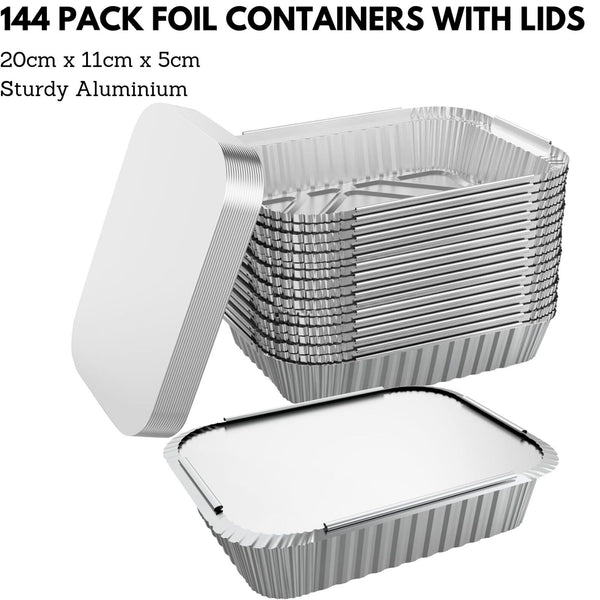144X Aluminium Disposable Foil Food Container Trays Pans W/ Lids Covers Bulk 20X11x5cm Food Storage Containers
