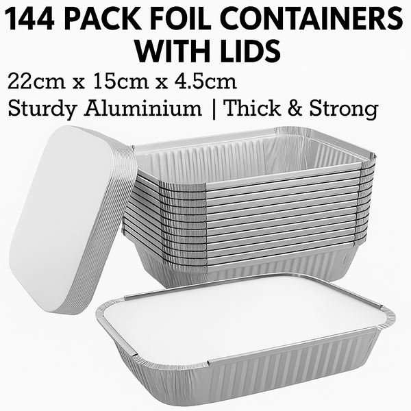 144X Aluminium Disposable Foil Food Container Pans W/ Lids Covers Bulk 22Cm*15Cm*4.5Cm Trays