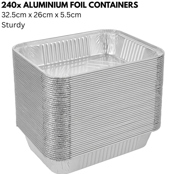 240X Aluminium Disposable Foil Food Container Pans Baking Roast Bulk 32.5X26x5.5Cm Trays