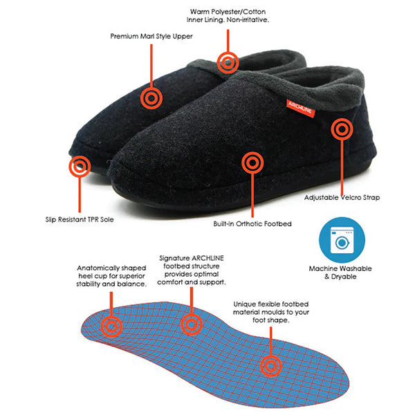 Archline Orthotic Closed Scuffs Orthopedic Moccasins Shoes Charcoal Marle Slippers