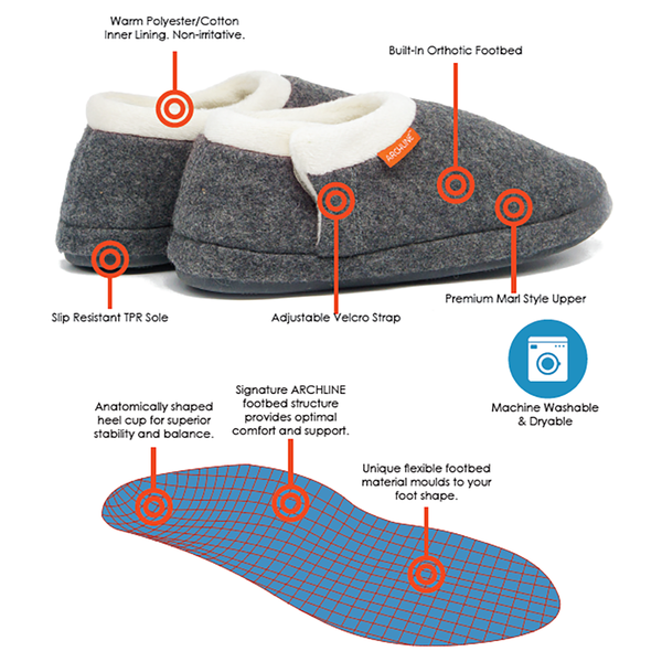 Archline Orthotic Closed Scuffs Orthopedic Moccasins Shoes Grey Marle Slippers