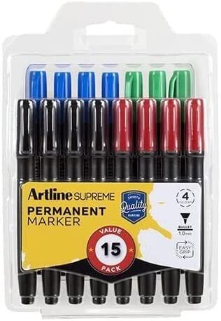 Artline Supreme Permanent Markers Assorted Colours 15 Pack Art Pens & Markers