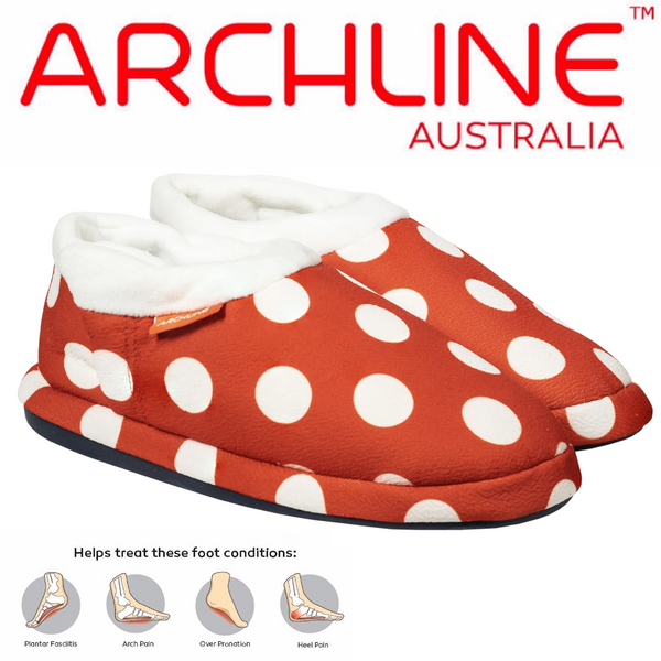 Archline Orthotic Slippers Closed Back Scuffs Moccasins Pain Relief Red Polka Dots Comfort Shoes