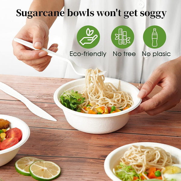 600Pcs Disposable Sugarcane Bagasse Round Bowls 18Cm (450Ml) Bulk Single Cutlery Pieces
