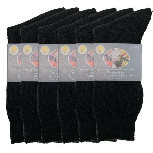 Br Apparel 6 Pairs Merino Wool Blend Woolen Work Hiking Heavy Duty Warm Thermal Black Socks