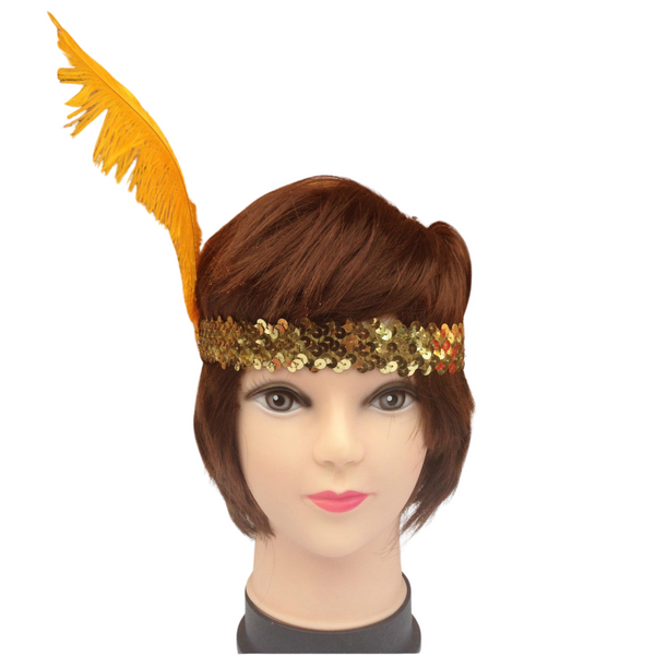 Br Costumes 6 X 1920S Flapper In Gold And Orange With Sequin Band Feather Jewel Detail Headbands