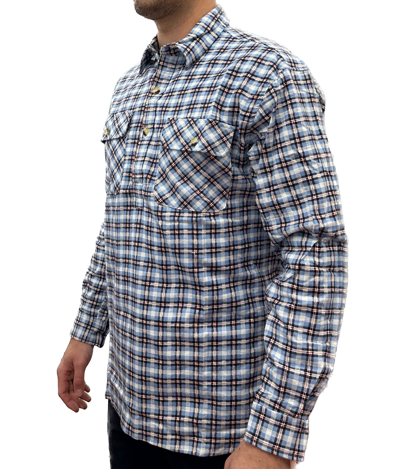 Br Apparel Mens Flannelette Long Sleeve Pullover Shirt 100% Cotton Half Placket Blue Check T Shirts