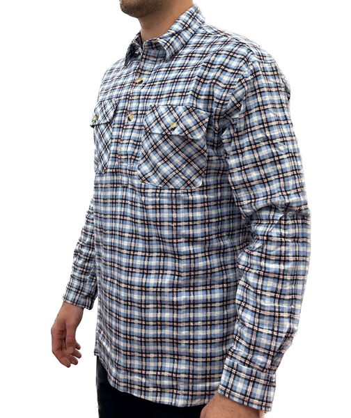 Br Apparel Mens Flannelette Long Sleeve Pullover Shirt 100% Cotton Half Placket Blue Check T Shirts