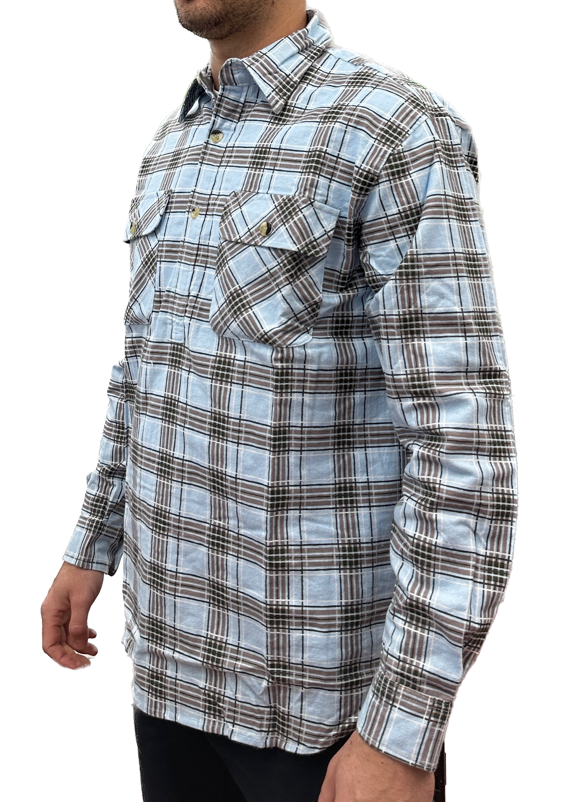 Br Apparel Mens Flannelette Long Sleeve Pullover Shirt 100% Cotton Half Placket Sky Blue/Grey Check T Shirts