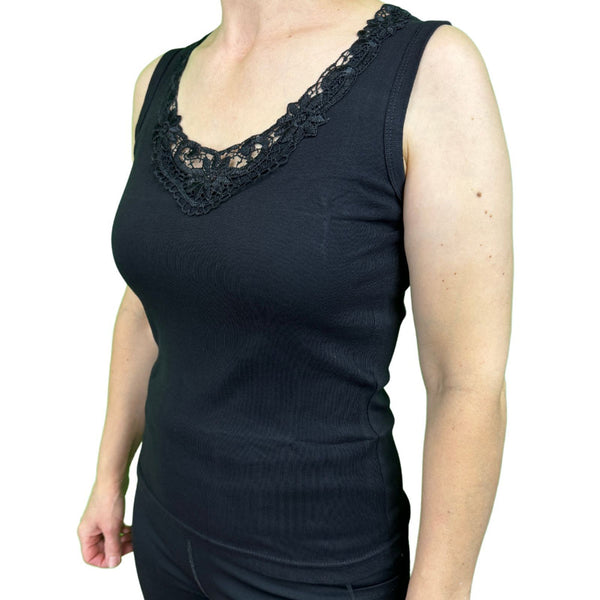 Ladies Sleeveless Singlet Top Womens Summer Basic Tank Shirt Lace Motif Front Black 12 14 Tops