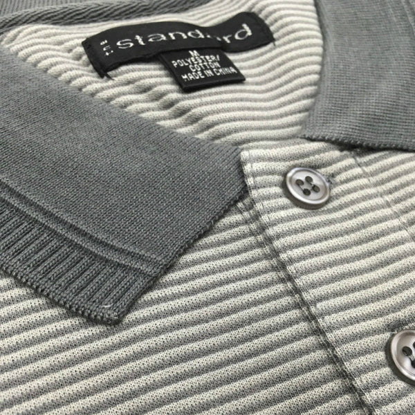 Short Sleeve Polo Shirt Top Quality Loose Fit Adults Striped Charcoal/Light Grey M Casual Shirts