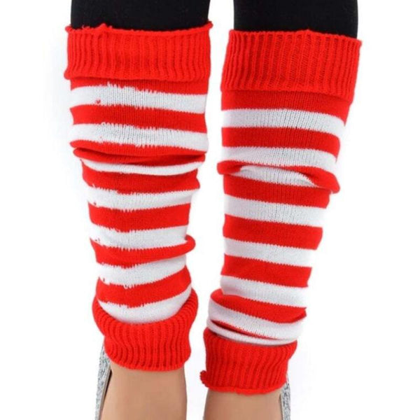Br Costumes Pair Of Womens Disco Winter Knit Dance Party Crochet Legging Socks Red/White Stripe Leg Warmers