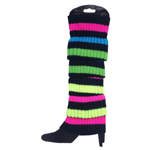 Br Costumes Pair Of Womens Disco Winter Knit Dance Party Crochet Legging Socks Rainbow With Black Stripe Leg Warmers