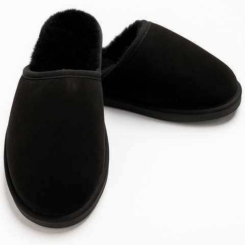 100% Sheepskin Moccasin Winter Genuine Scuffs On Mens Womens Black (Without Fur) 9 Slippers