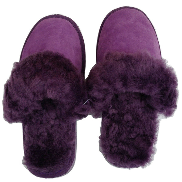 Br Apparel 100% Sheepskin Moccasin Winter Genuine Scuffs On Mens Womens Purple With Fur Slippers