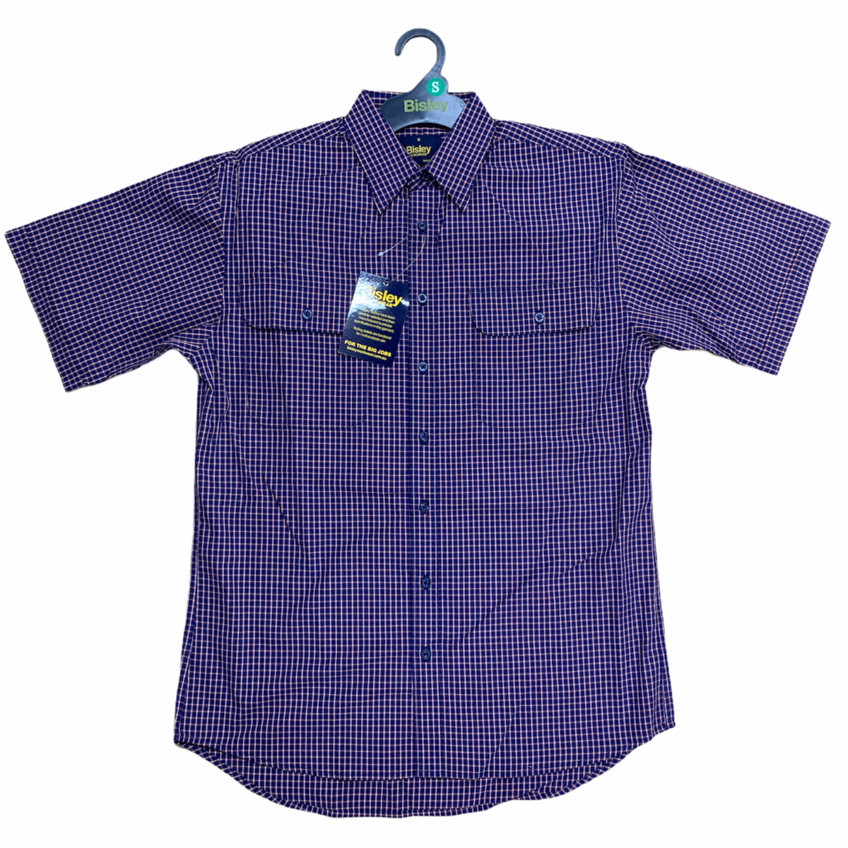 Bisley Mens Short Sleeve Check Shirt Checkered Cotton Blend Casual Business Work Navy Casual Shirts