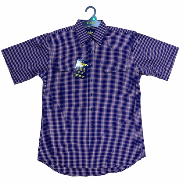 Bisley Mens Short Sleeve Check Shirt Checkered Cotton Blend Casual Business Work Navy Casual Shirts