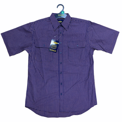 Bisley Mens Short Sleeve Check Shirt Checkered Cotton Blend Casual Business Work Navy Casual Shirts