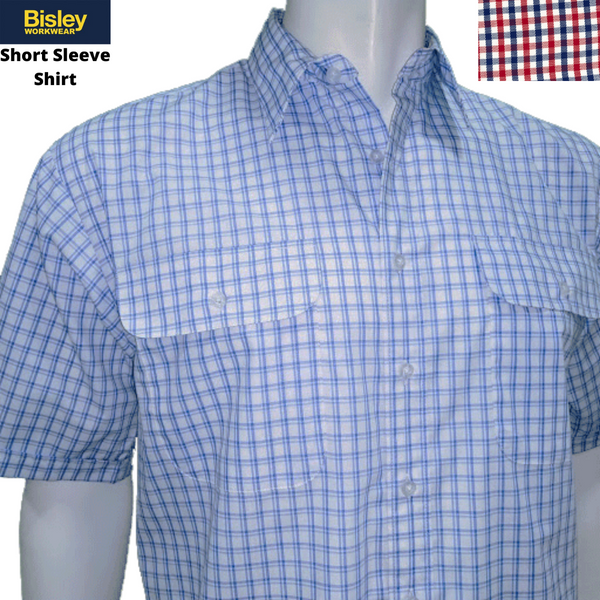Bisley Mens Short Sleeve Check Shirt Checkered 100% Cotton Casual Business Work Red Casual Shirts