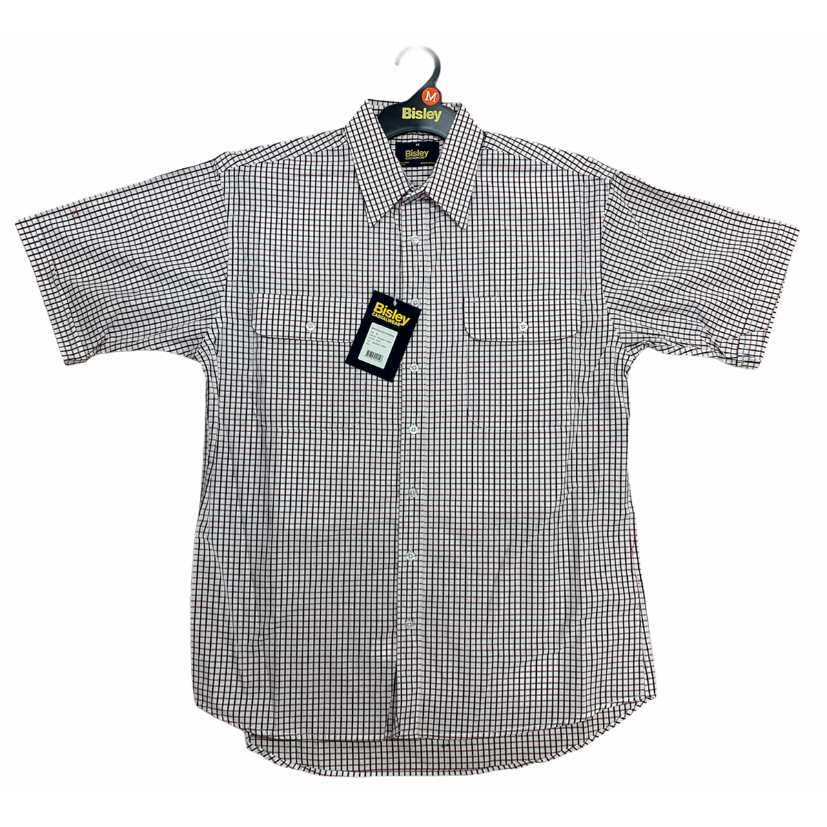 Bisley Mens Short Sleeve Check Shirt Checkered Cotton Blend Casual Business Work Burgundy Casual Shirts