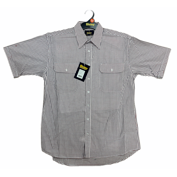 Bisley Mens Short Sleeve Check Shirt Checkered Cotton Blend Casual Business Work Burgundy Casual Shirts