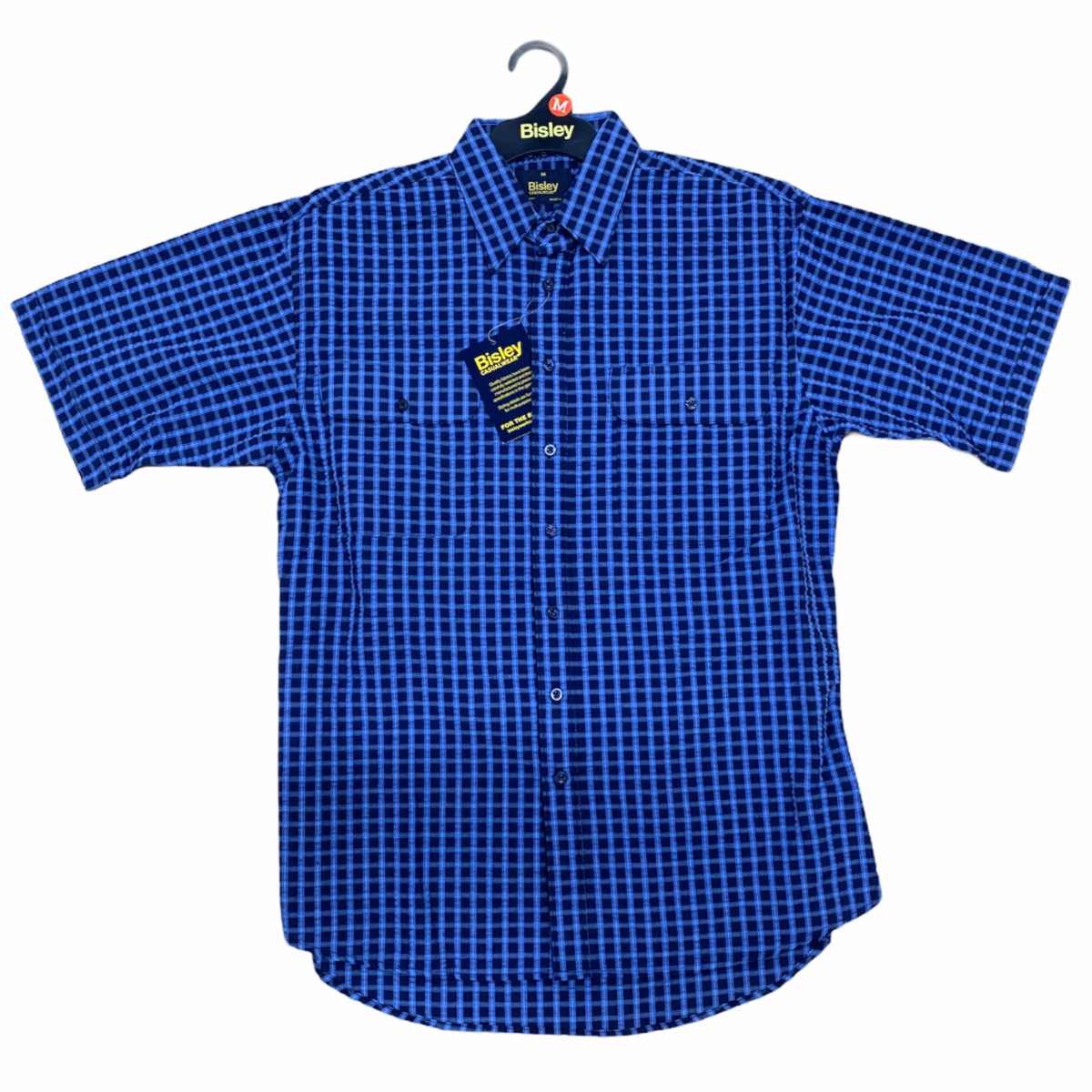 Bisley Mens Short Sleeve Seersucker Shirt Checkered Cotton Blend Casual Business Work Blue Casual Shirts