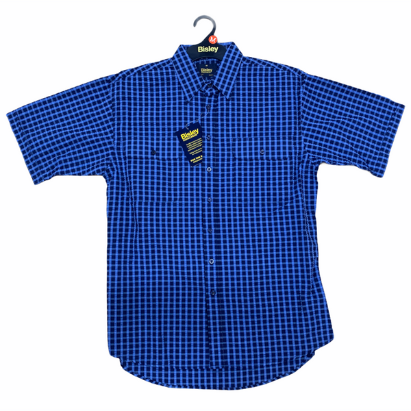 Bisley Mens Short Sleeve Seersucker Shirt Checkered Cotton Blend Casual Business Work Blue Casual Shirts