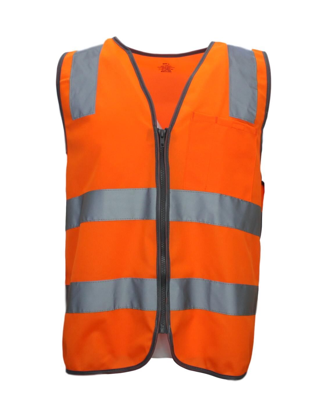 Hi Vis Safety Vest Reflective Tape Zip Up Workwear Pocket High Visibility In Orange L Safety Vests