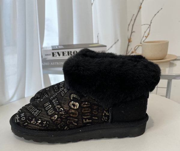 Womens Australian Sheepskin Wool Fur Mini Ugg Ankle In Black Size 6 Boots