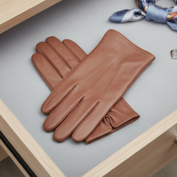 Dents Mens Genuine Full Grain Leather Gloves 3 Point Stitch Fleece Lined Warm Winter Cognac Gloves & Mittens