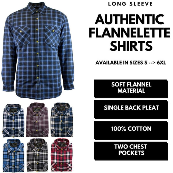 Mens Flannelette Shirt 100% Cotton Check Authentic Long Sleeve Vintage Burgundy Casual Shirts
