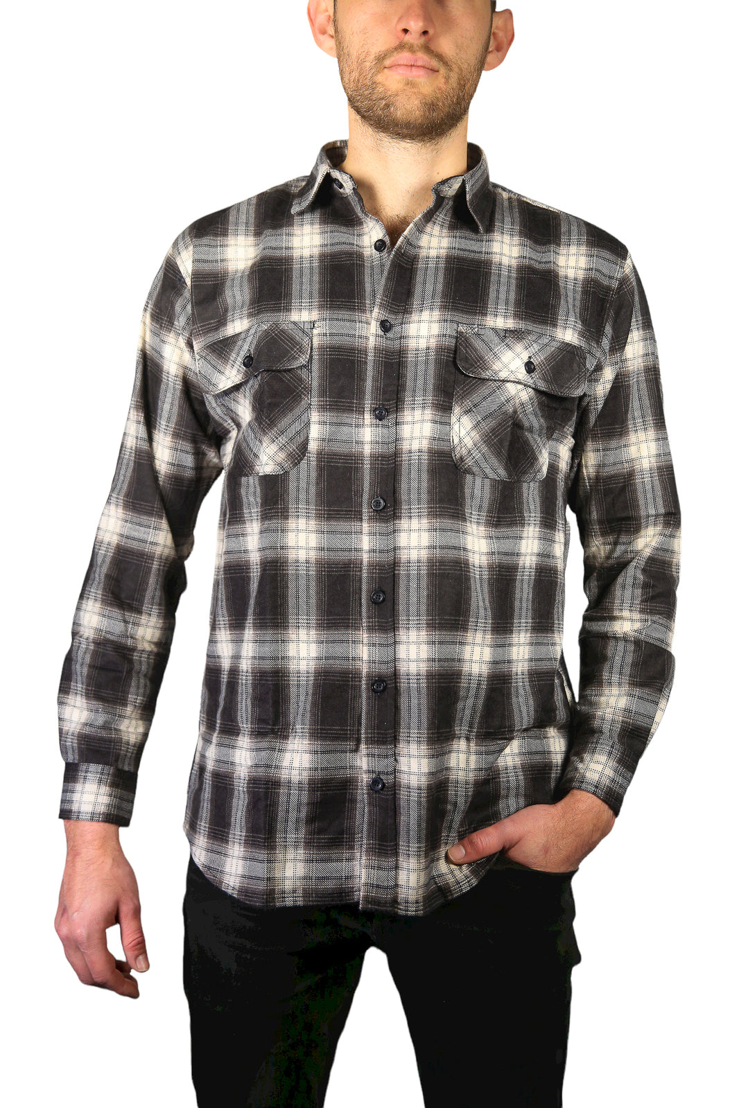 Br Apparel Mens Flannelette Long Sleeve Shirt 100% Cotton Check Authentic Full Placket Black 3Xl Casual Shirts