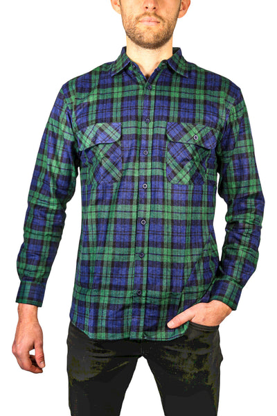 Br Apparel Mens Flannelette Long Sleeve Shirt 100% Cotton Check Authentic Full Placket Green Casual Shirts