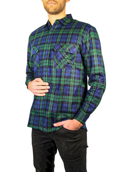 Br Apparel Mens Flannelette Long Sleeve Shirt 100% Cotton Check Authentic Full Placket Green Casual Shirts
